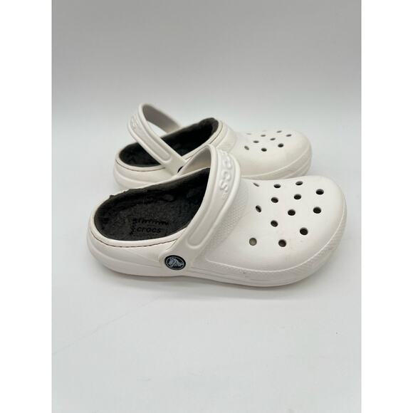 Crocs Sandals Clogs Shoes Kids Children’s 1 Lined Croc White Gray Fuzzy Insole - Picture 2 of 12
